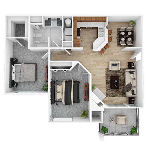 A top-down view of a small apartment with a kitchen, living room, and bedroom.